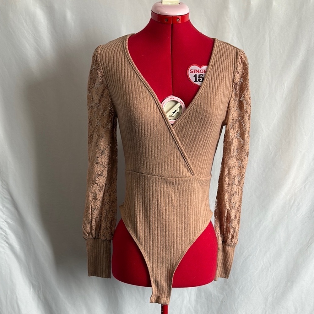 SHEIN Ribbed Wrap Bodysuit Tan Cream Long Sleeve MM215